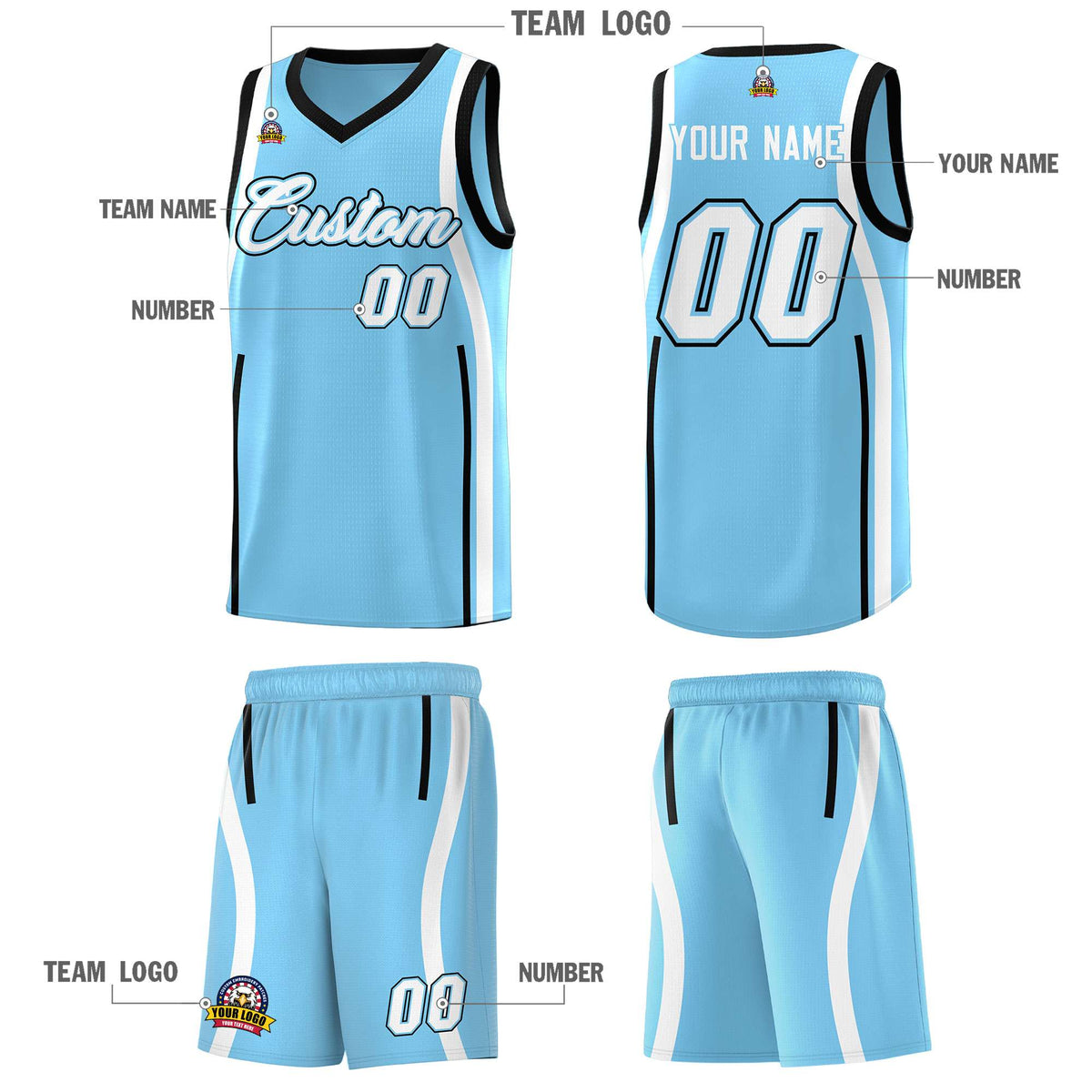 Custom Light Blue Black-White Ribbon Pattern Basketball Kits