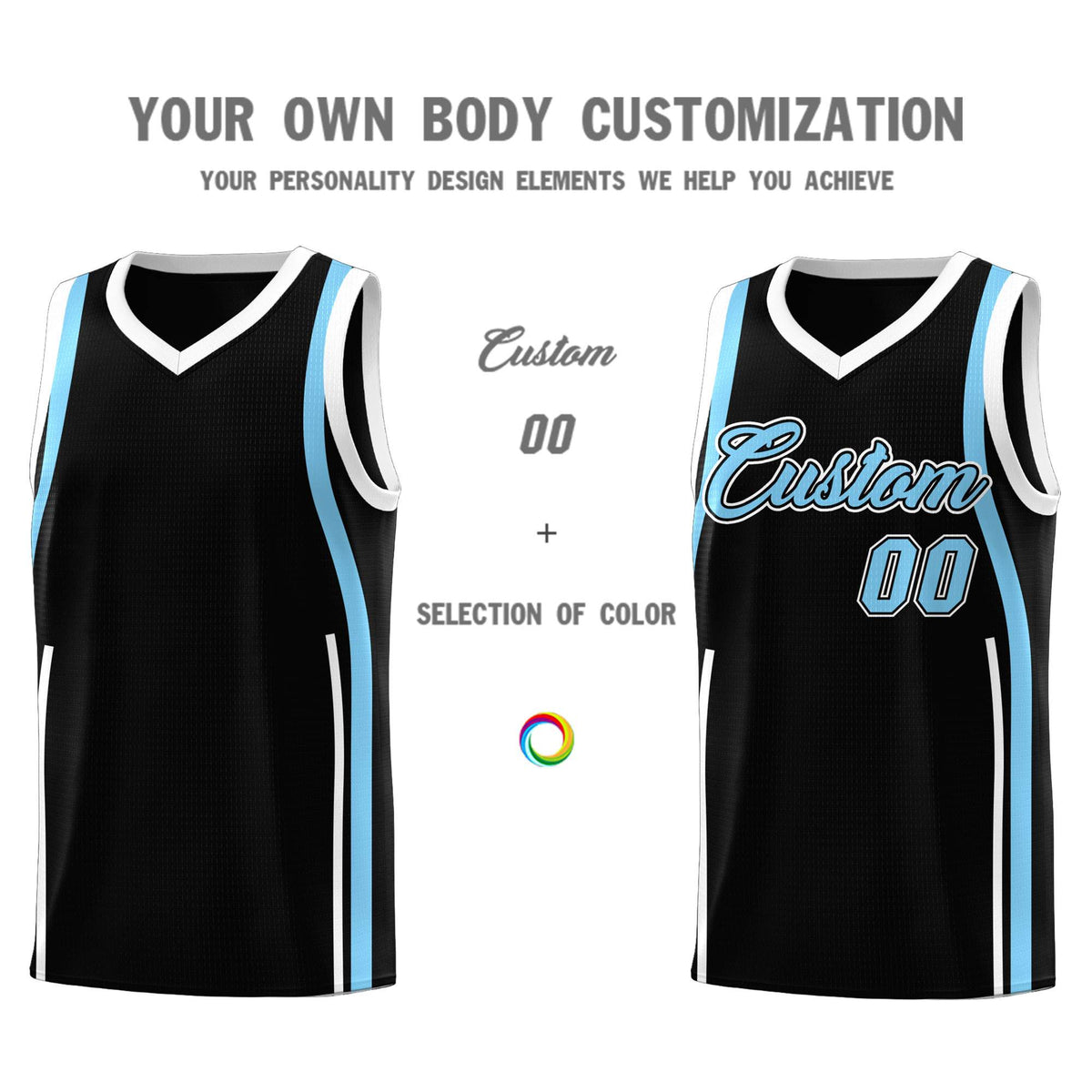 Custom Black Light Blue-White Ribbon Pattern Basketball Kits