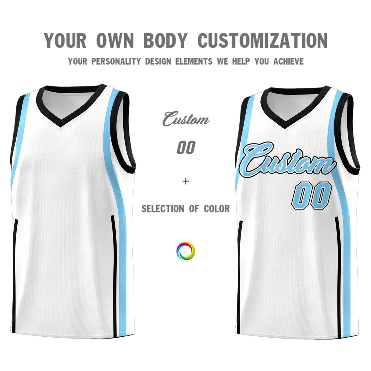 Custom White Light Blue-Black Ribbon Pattern Basketball Kits