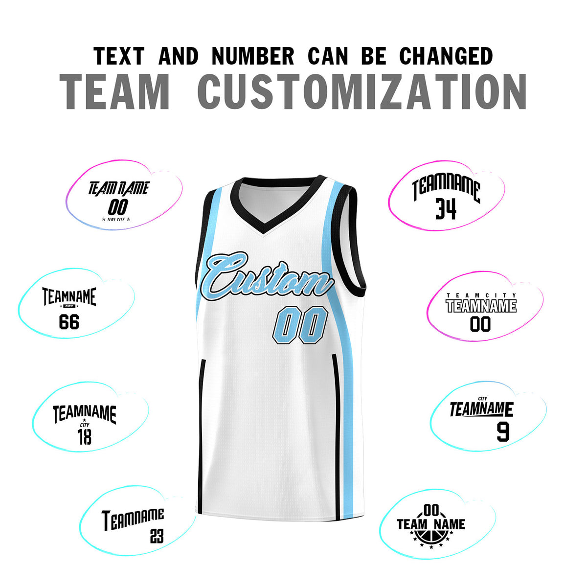 Custom White Light Blue-Black Ribbon Pattern Basketball Kits