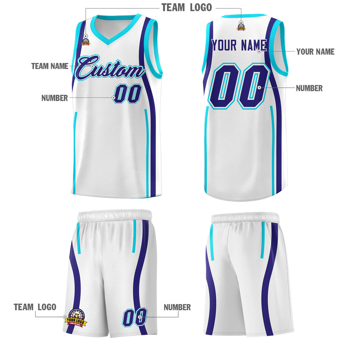 Custom White Sky Blue-Royal Ribbon Pattern Basketball Kits