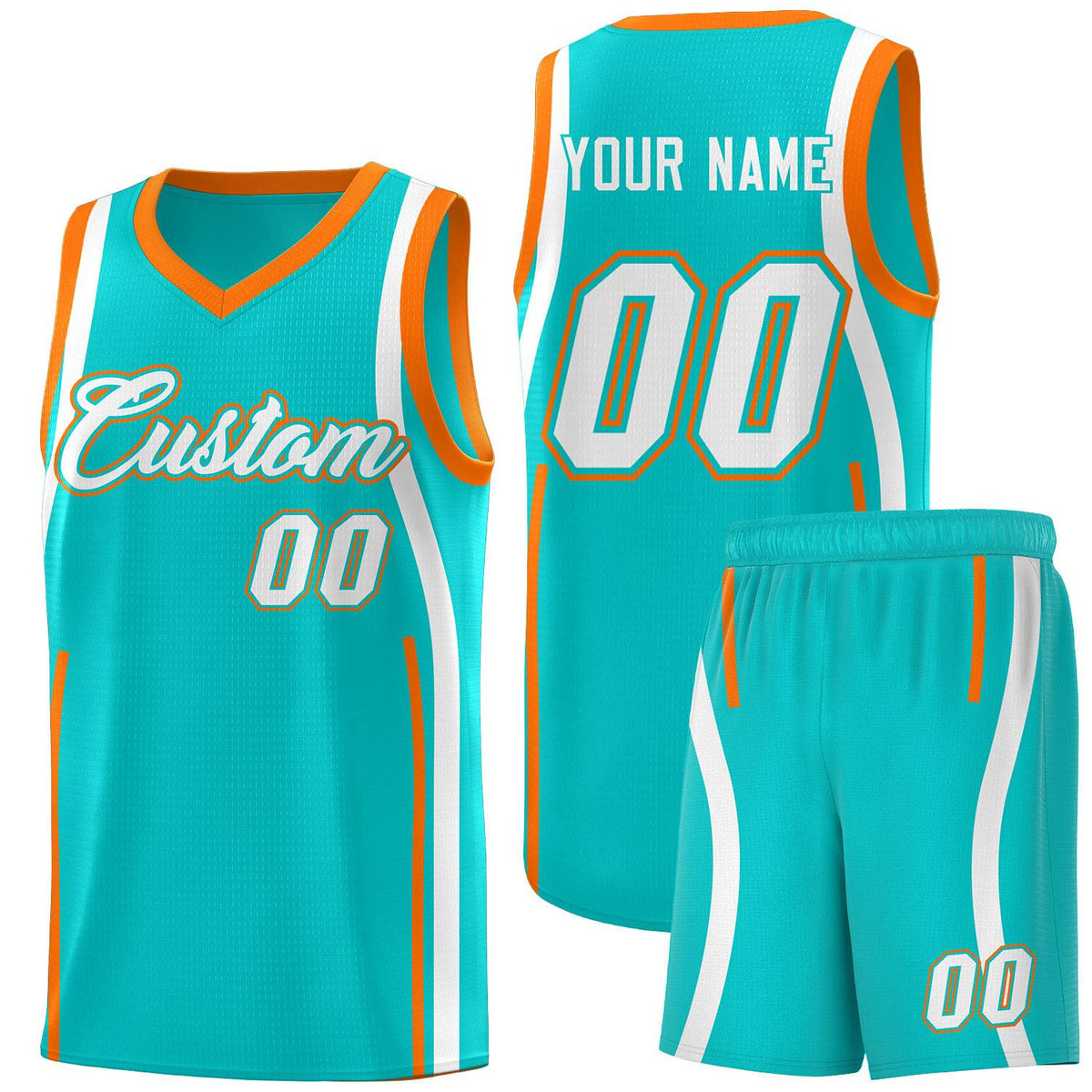 Custom Aqua Orange-White Ribbon Pattern Basketball Kits