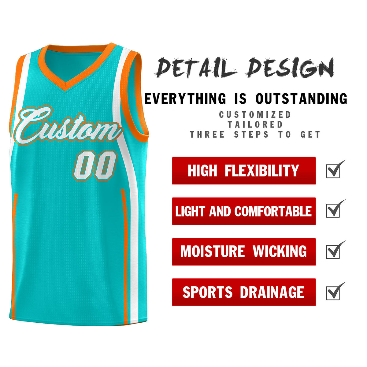 Custom Aqua Orange-White Ribbon Pattern Basketball Kits