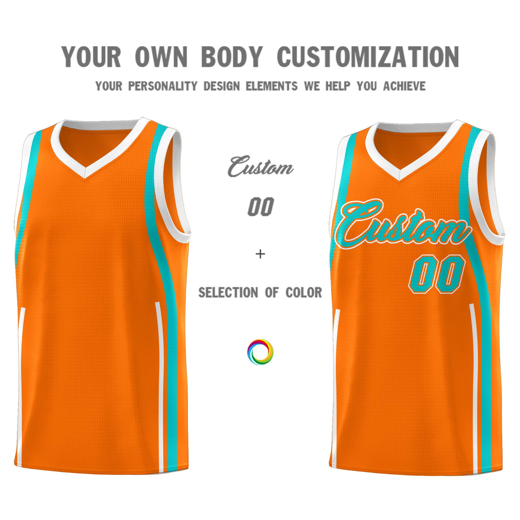 Custom Orange Aqua-White Ribbon Pattern Basketball Kits