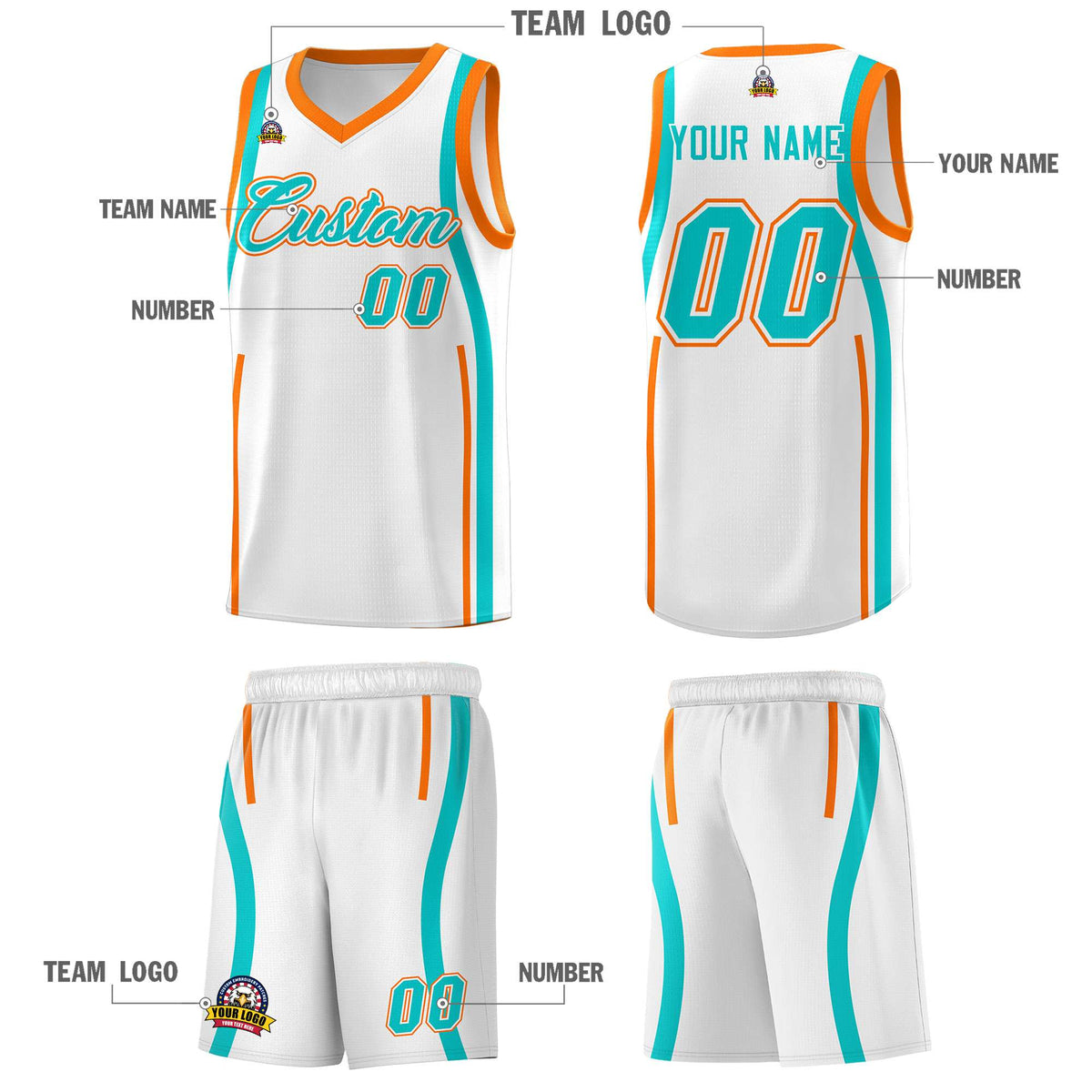 Custom White Aqua-Orange Ribbon Pattern Basketball Kits