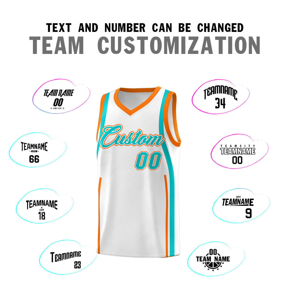 Custom White Aqua-Orange Ribbon Pattern Basketball Kits