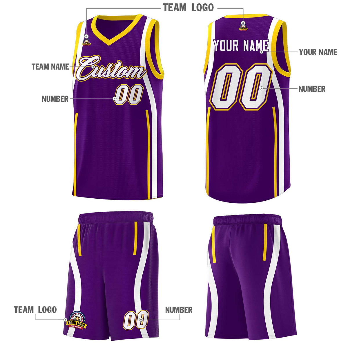 Custom Purple White-Gold Ribbon Pattern Basketball Kits