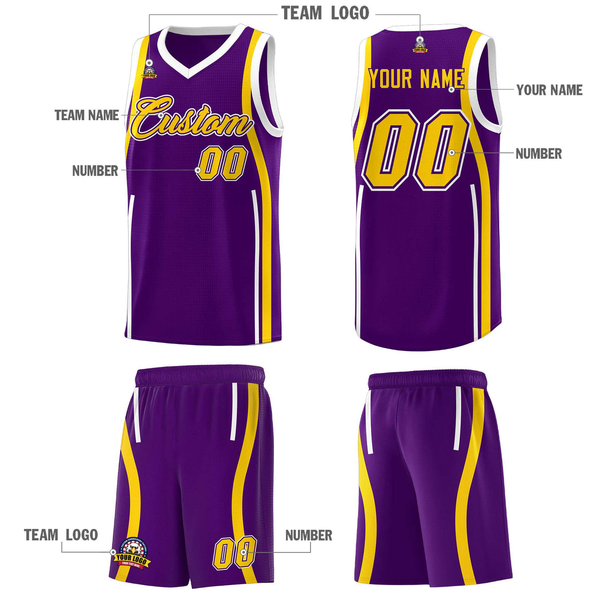 Custom Purple White-Gold Ribbon Pattern Basketball Kits