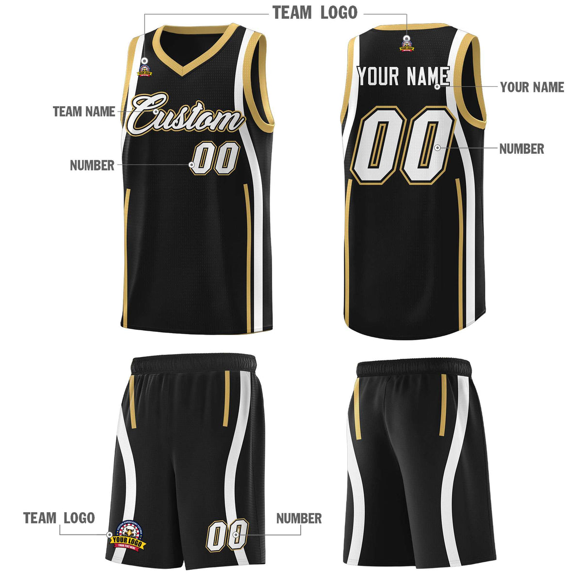 Custom Black Old Gold-White Ribbon Pattern Basketball Kits