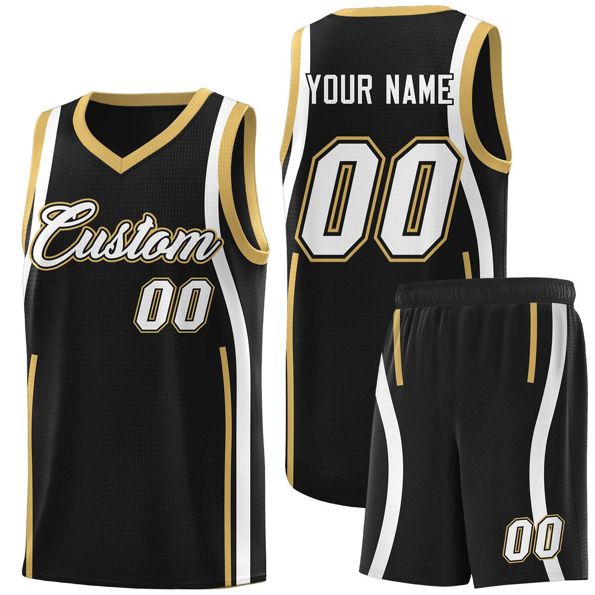 Custom Black Old Gold-White Ribbon Pattern Basketball Kits