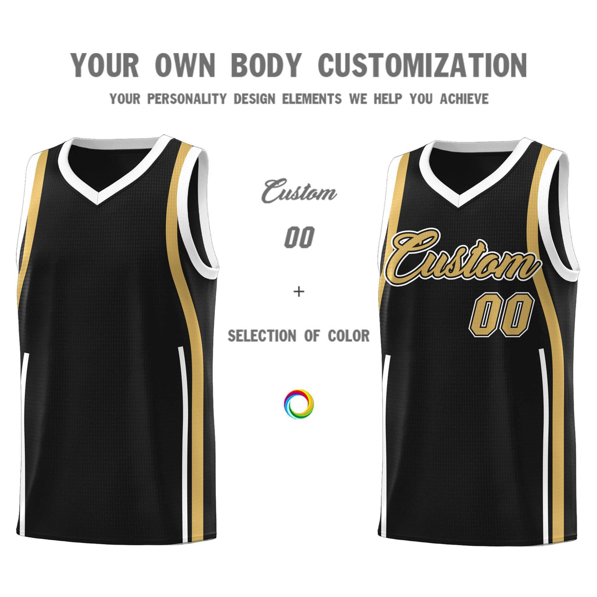 Custom Black Old Gold-White Ribbon Pattern Basketball Kits