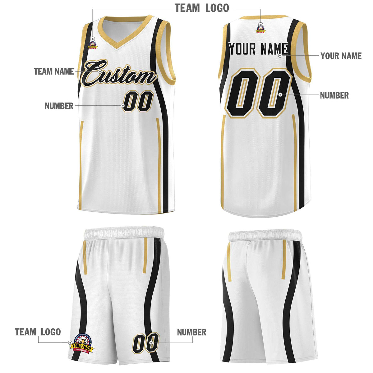 Custom White Black-White Ribbon Pattern Basketball Kits