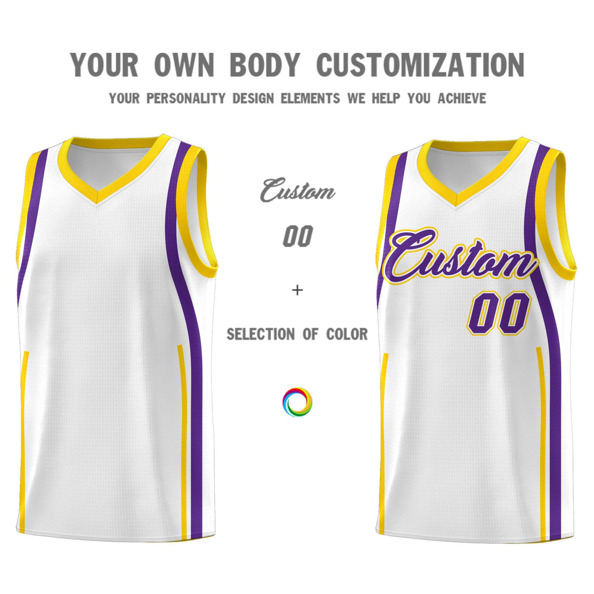 Custom White Gold-Purple Ribbon Pattern Basketball Kits