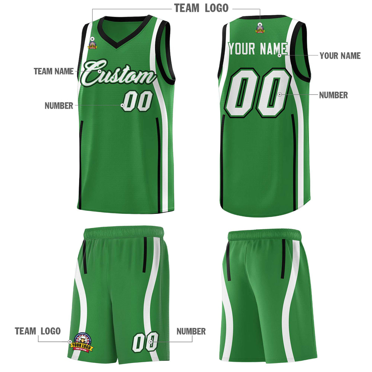 Custom Kelly Green Black-White Ribbon Pattern Basketball Kits
