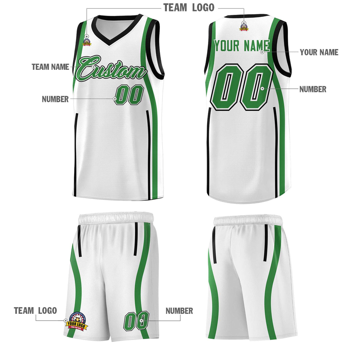 Custom White Kelly Green-White Ribbon Pattern Basketball Kits