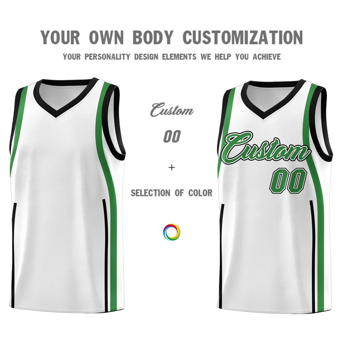Custom White Kelly Green-White Ribbon Pattern Basketball Kits