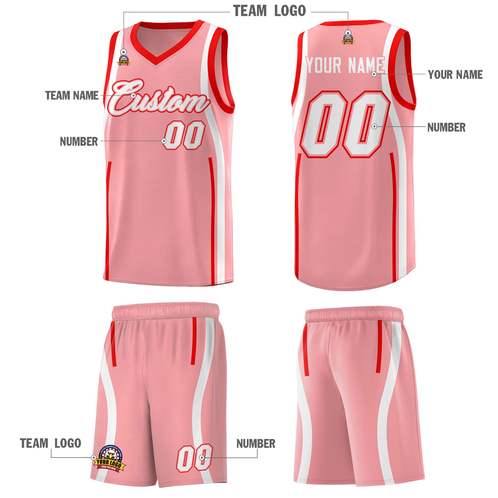 Custom Light Pink Light Red-White Ribbon Pattern Basketball Kits