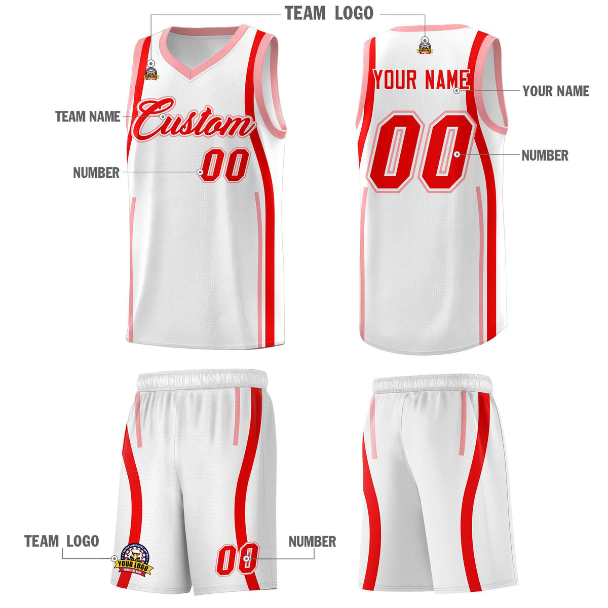 Custom White Light Red-Light Pink Ribbon Pattern Basketball Kits