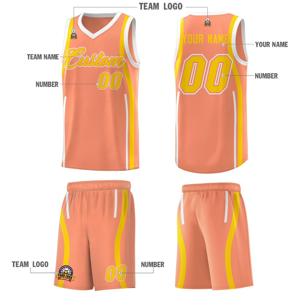 Custom Light Orange Gold-White Ribbon Pattern Basketball Kits