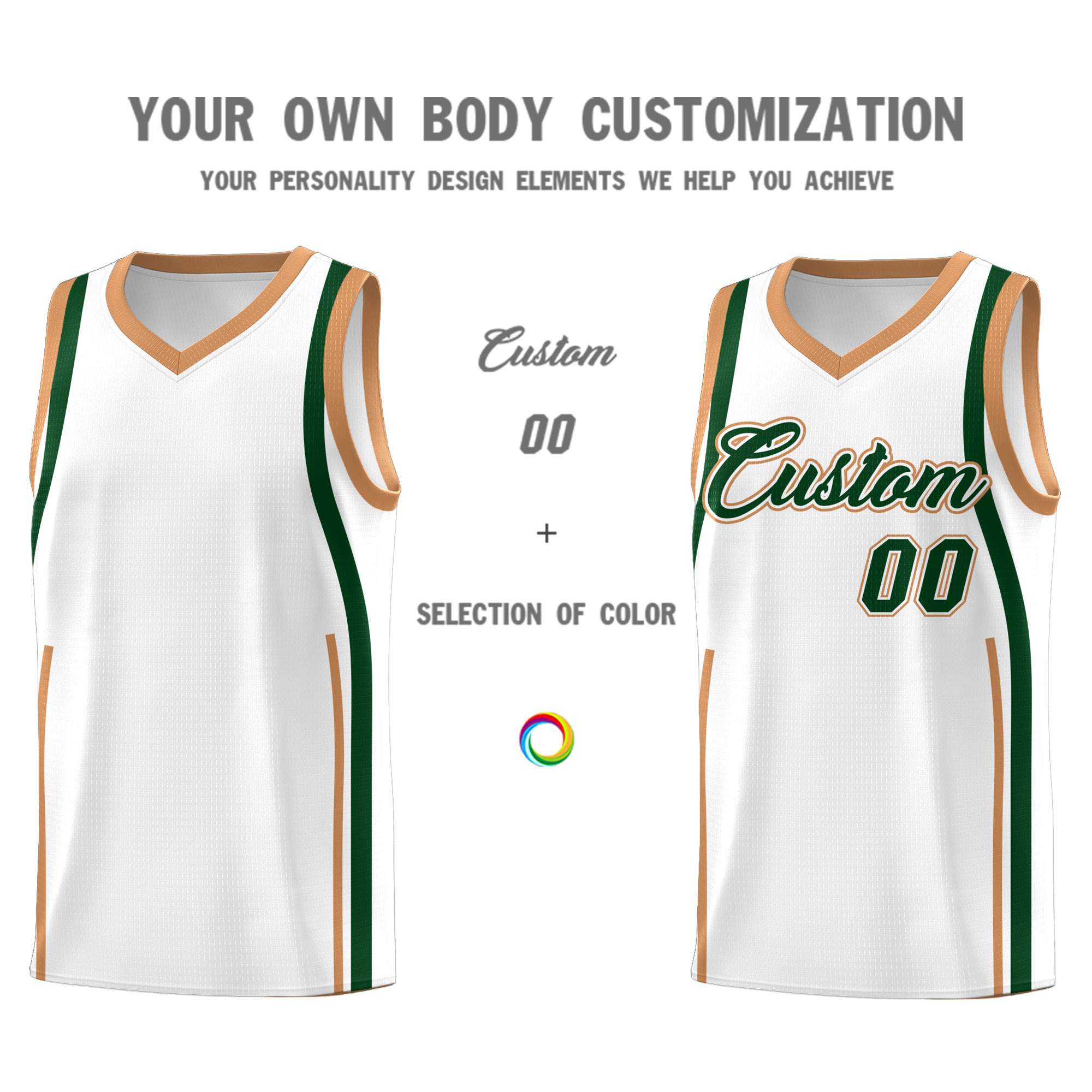 Custom White Green-Buckskin Brown Ribbon Pattern Basketball Kits