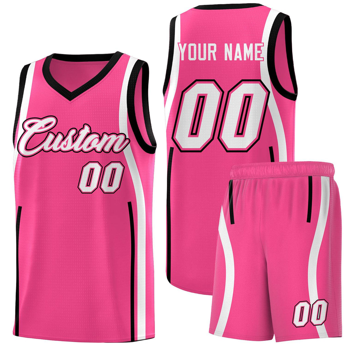 Custom Pink Black-White Ribbon Pattern Basketball Kits