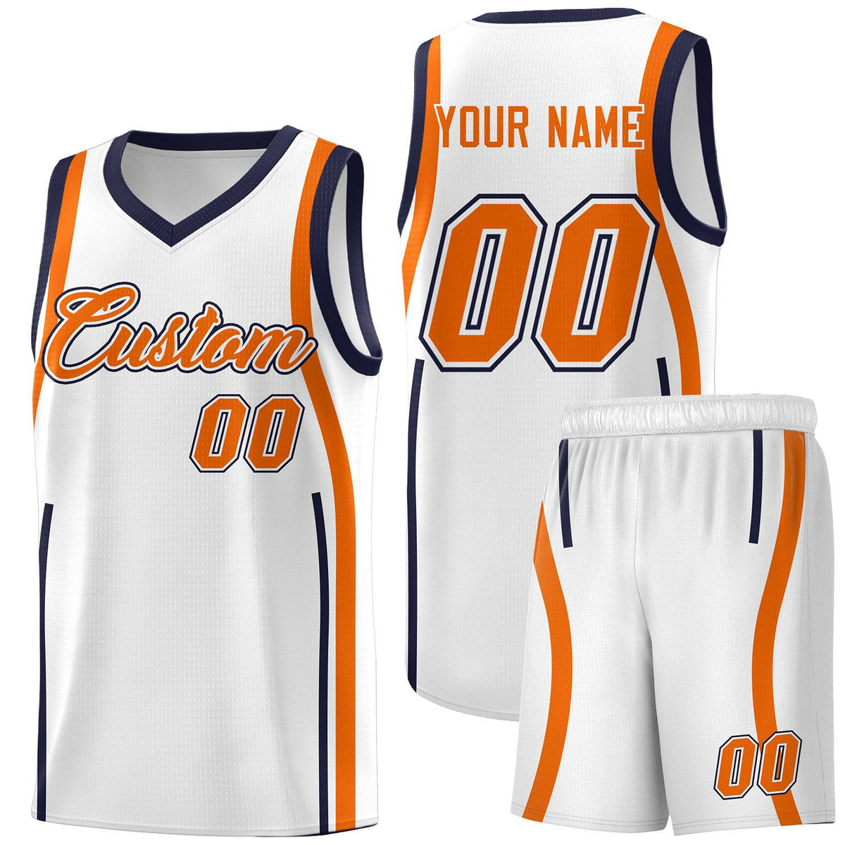 Custom White Navy-Orange Ribbon Pattern Basketball Kits