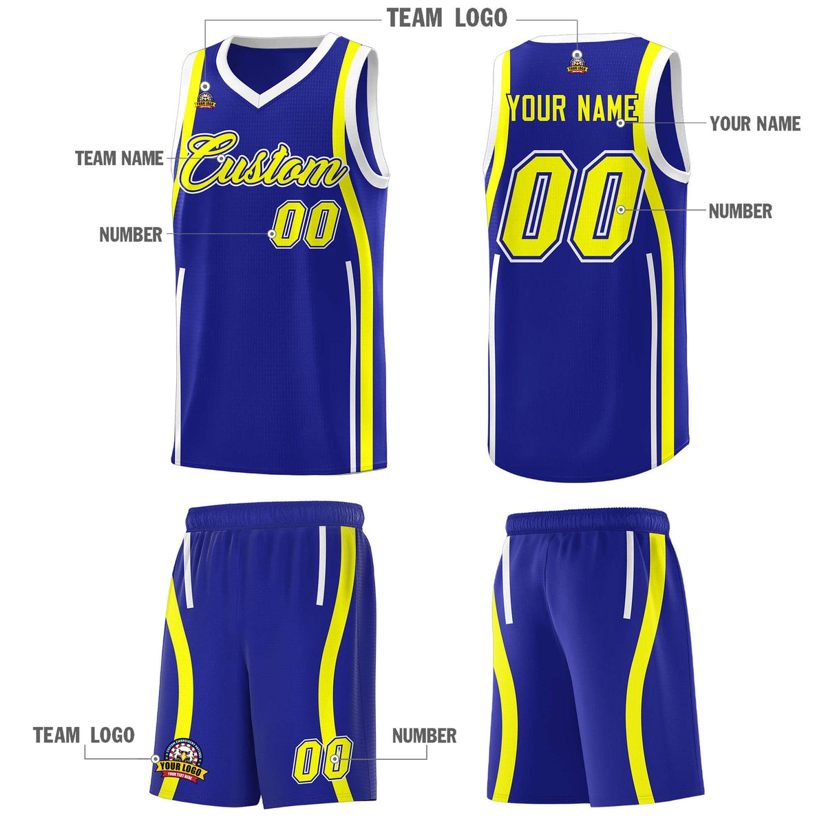 Custom Royal Fluorescent Yellow-White Ribbon Pattern Basketball Kits