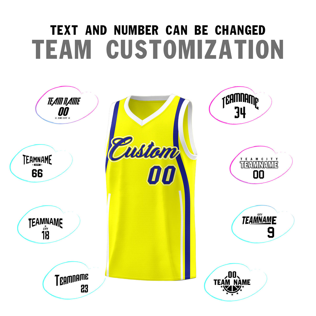 Custom Fluorescent Yellow Royal-White Ribbon Pattern Basketball Kits