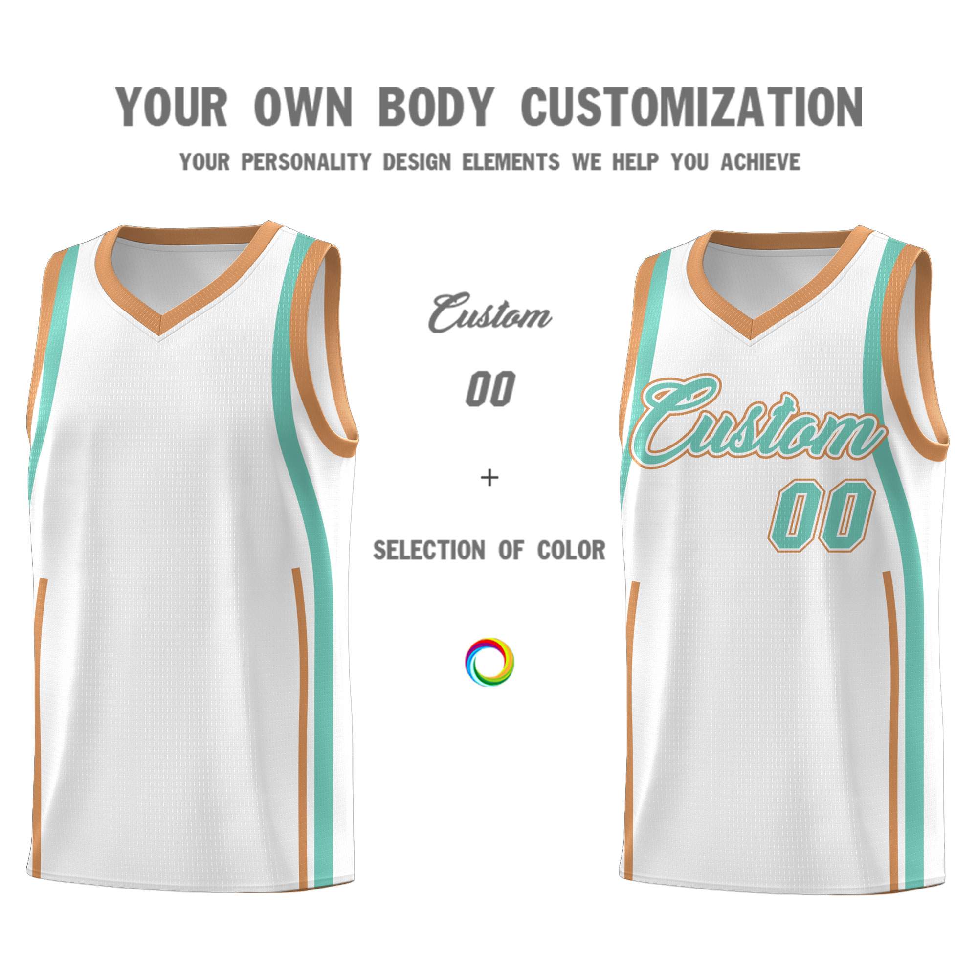 Custom White Bright Green-Buckskin Brown Ribbon Pattern Basketball Kits