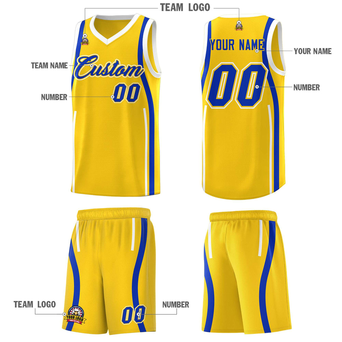 Custom Gold Royal-White Ribbon Pattern Basketball Kits