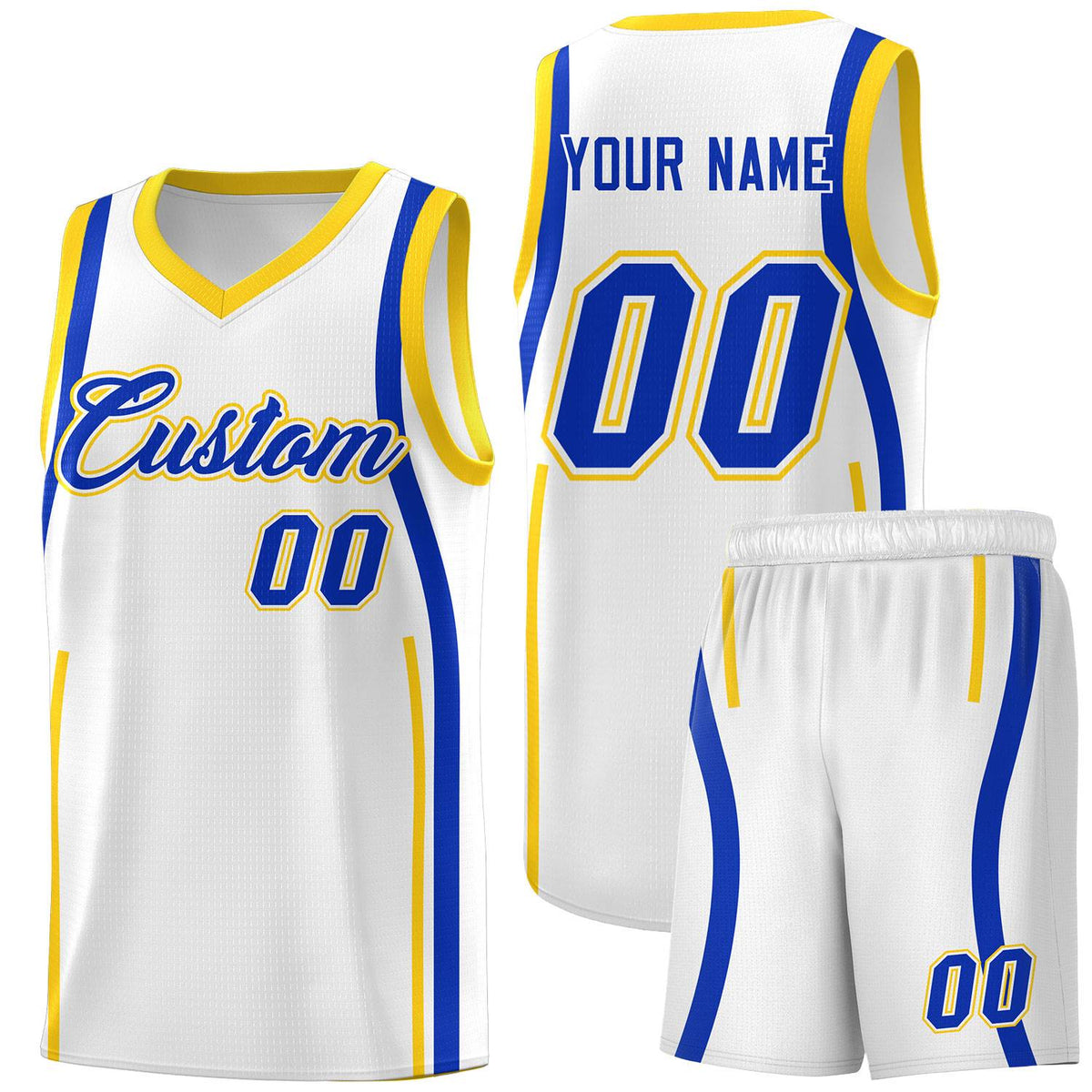 Custom White Royal-Gold Ribbon Pattern Basketball Kits