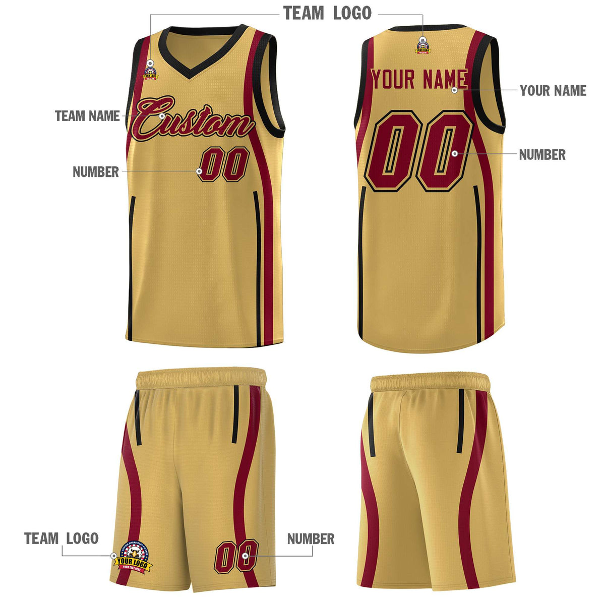 Custom Old Gold Crimson-Black Ribbon Pattern Basketball Kits