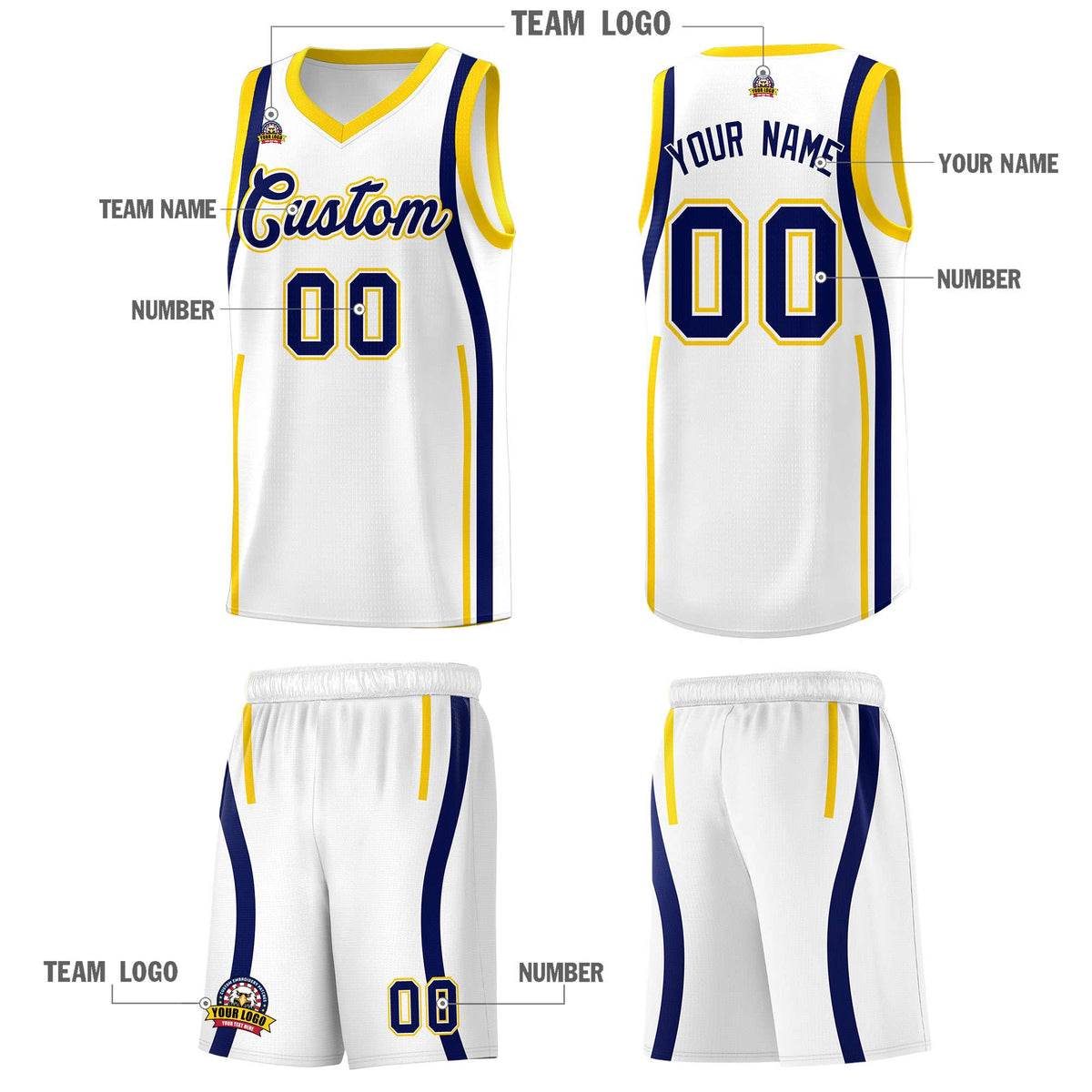 Custom White Navy AND Gold Basketball Jersey
