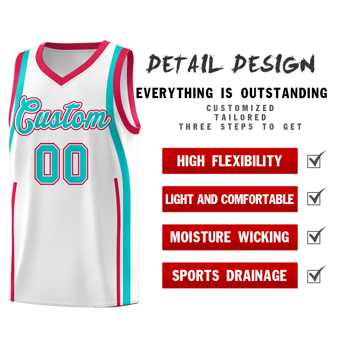 Custom White Aqua AND Red Basketball Jersey