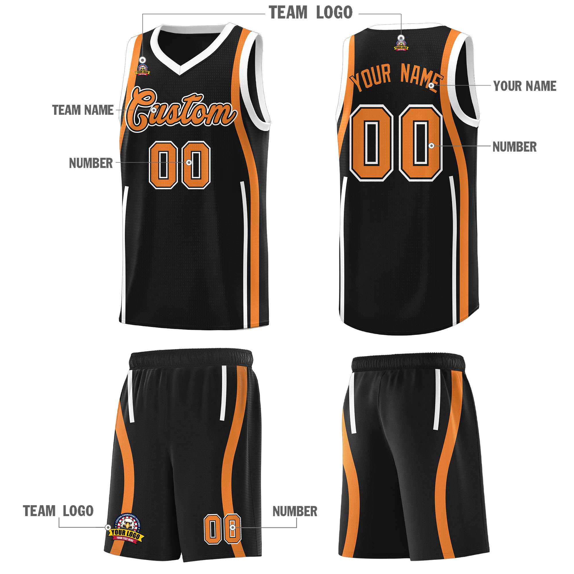 Custom Black Gold Orange AND White Basketball Jersey