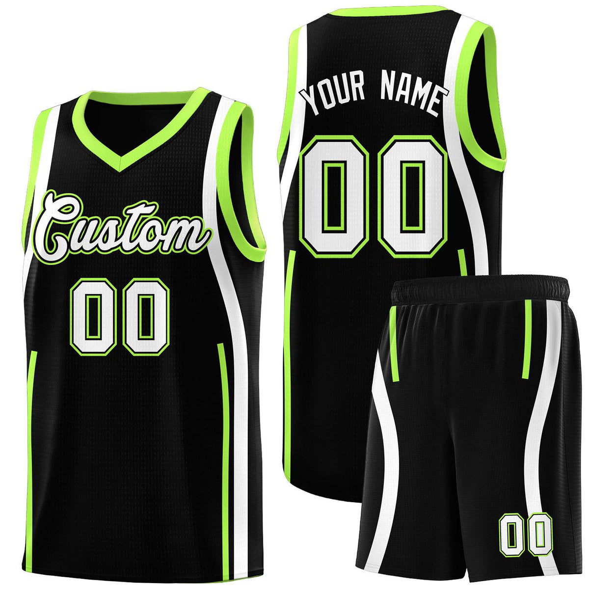 Custom Black Fluorescent Green AND White Basketball Jersey