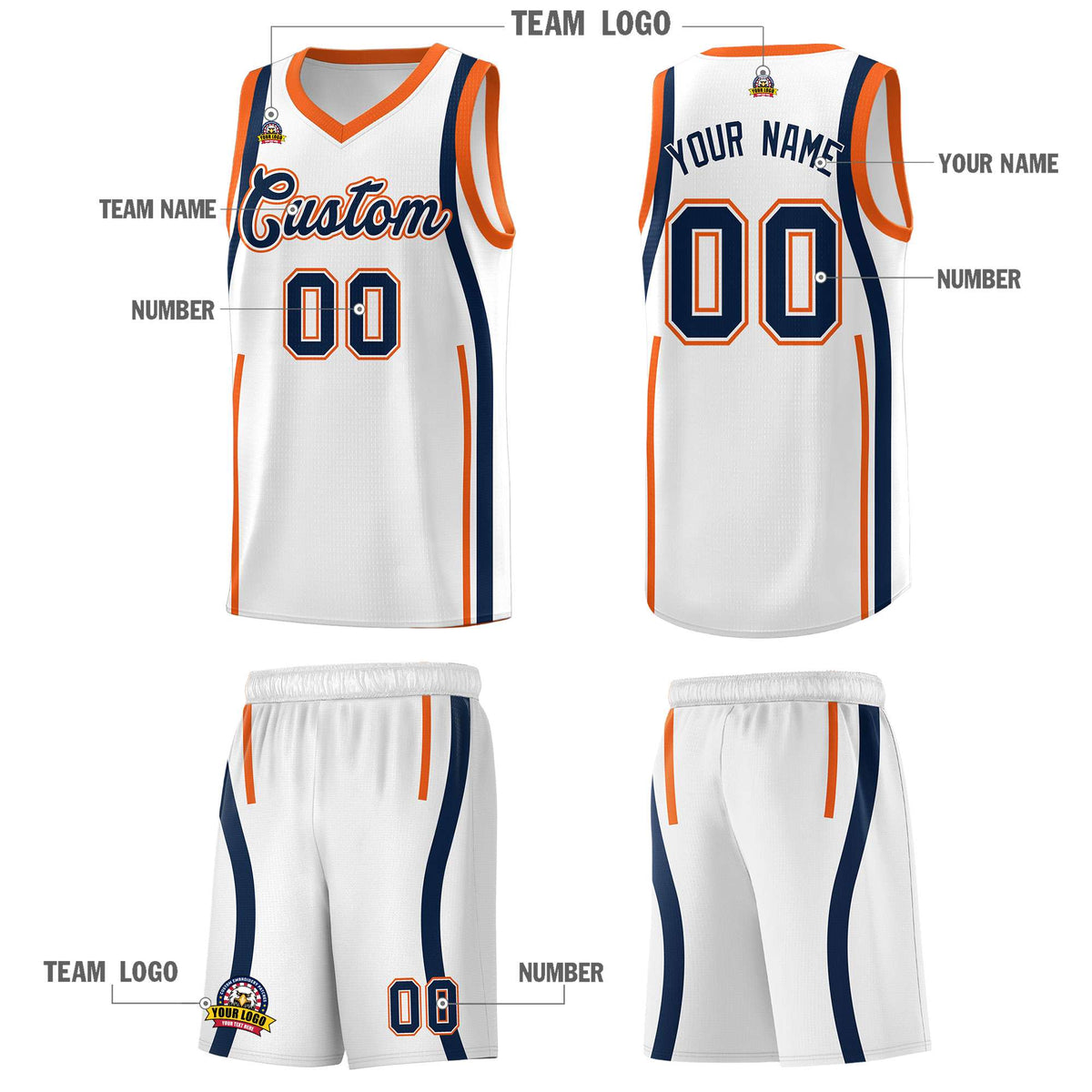 Custom White Navy AND Orange Basketball Jersey