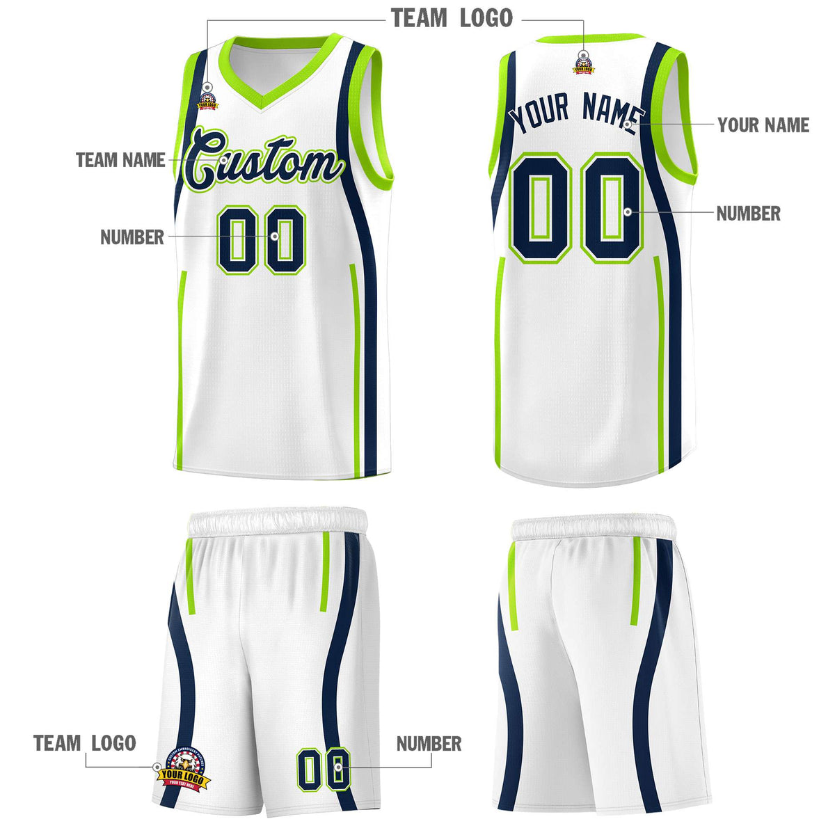 Custom White Fluorescent Green AND Navy Basketball Jersey