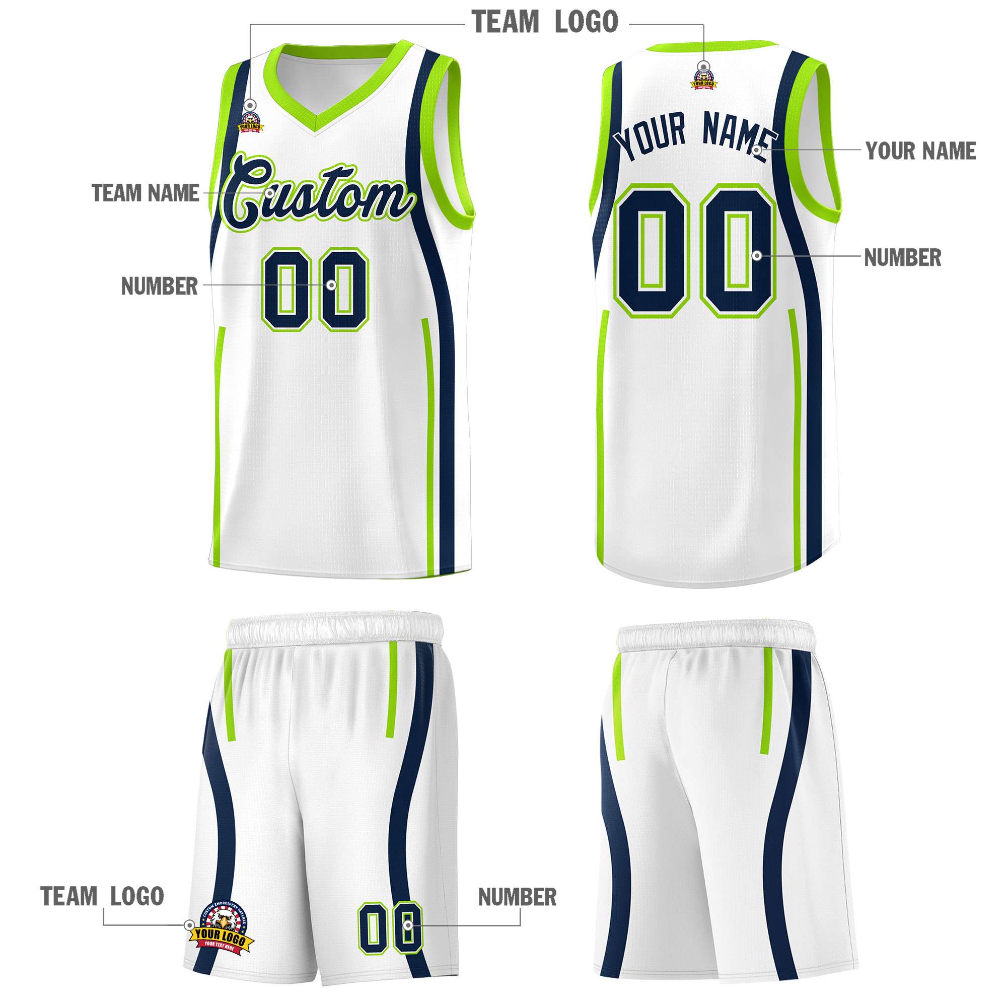 Custom White Fluorescent Green AND Navy Basketball Jersey