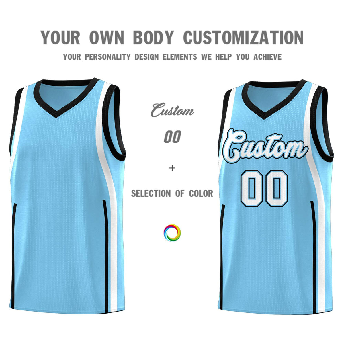 Custom Light Blue Black AND White Basketball Jersey