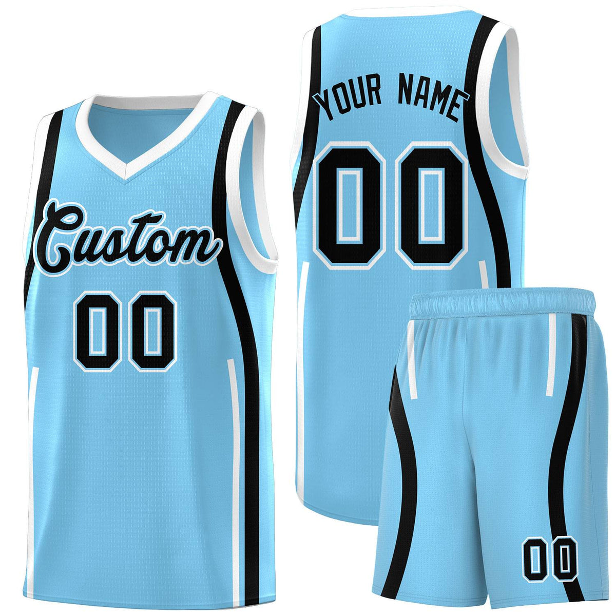 Custom Light Blue Black AND White Basketball Jersey