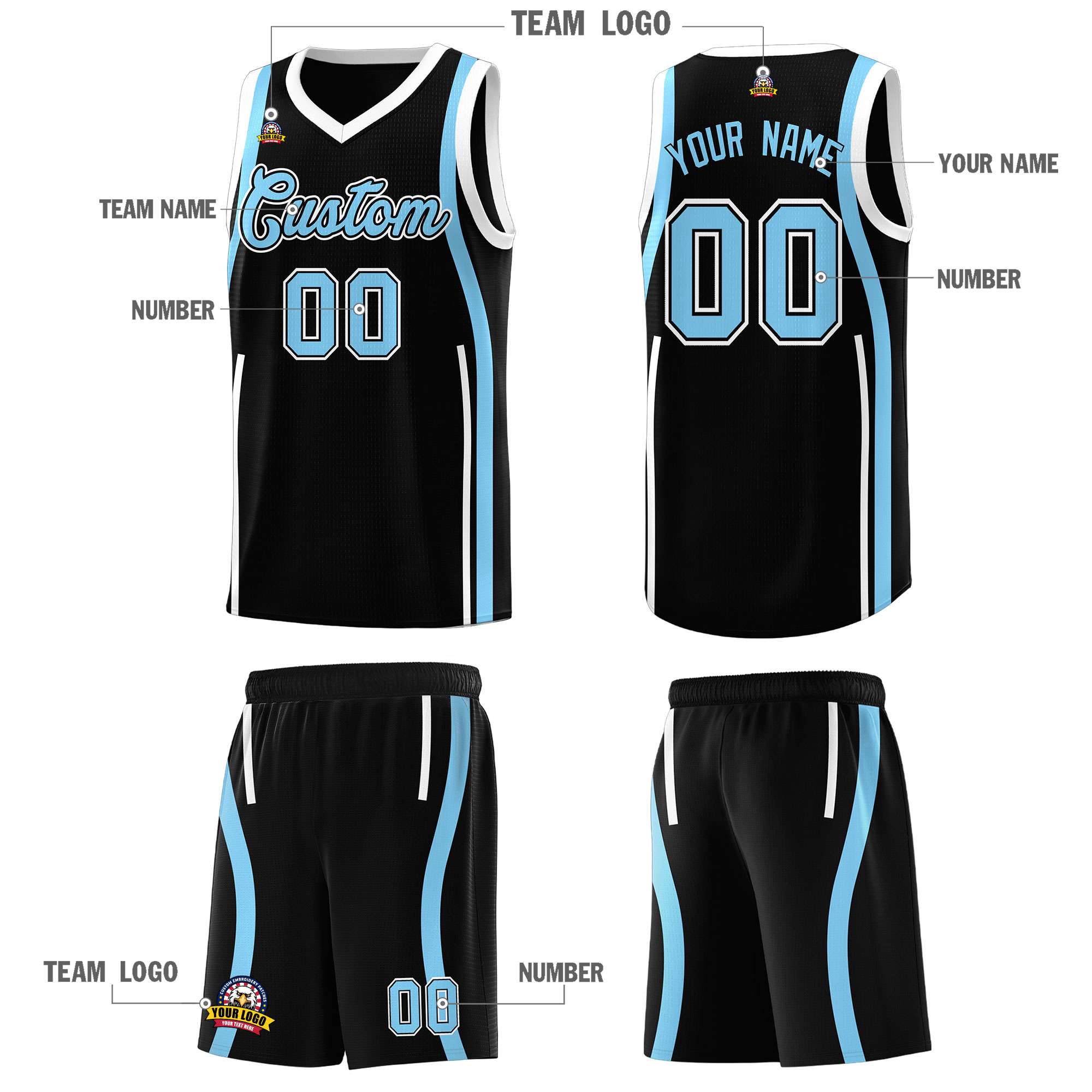 Custom Black Light Blue AND White Basketball Jersey