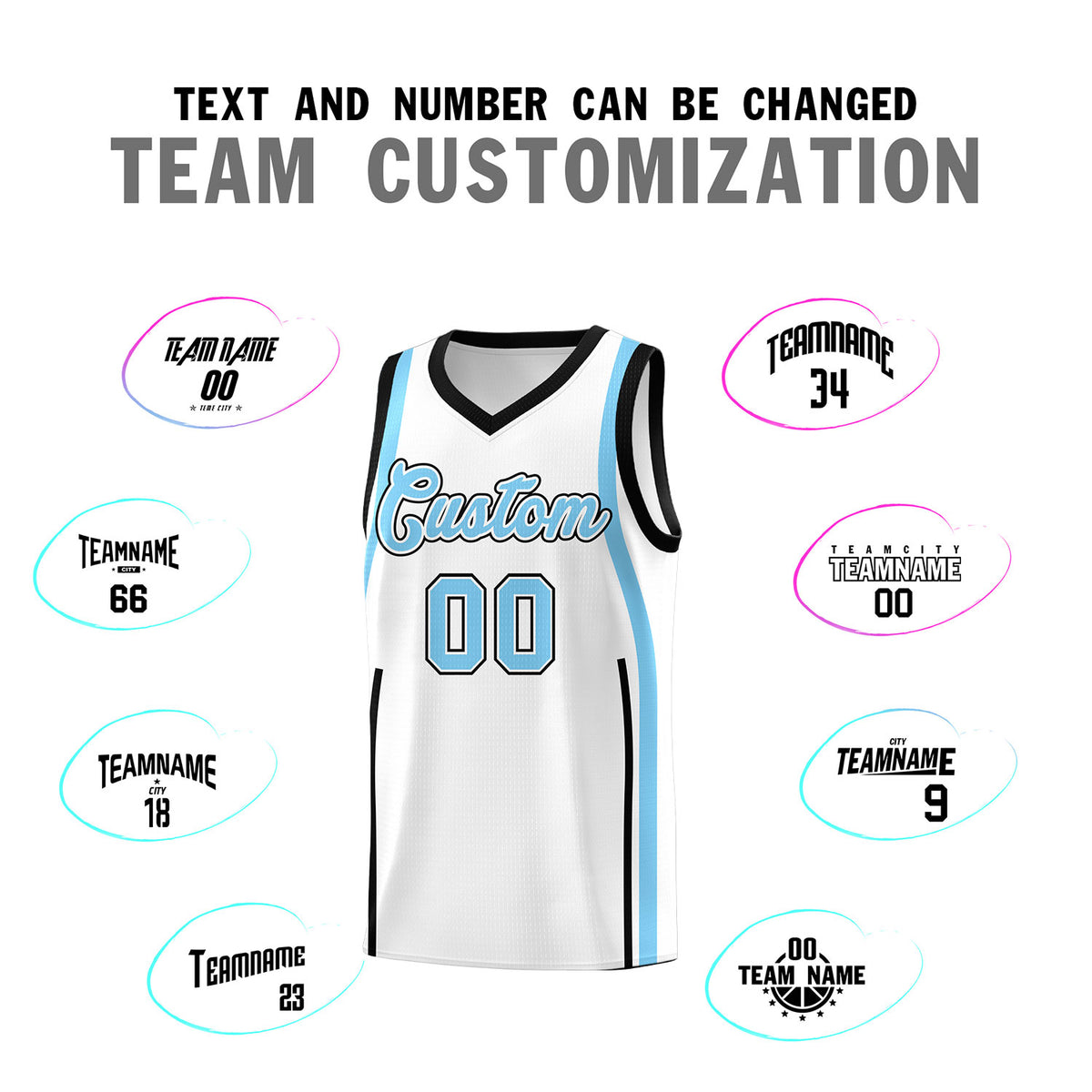 Custom White Light Blue AND Black Basketball Jersey