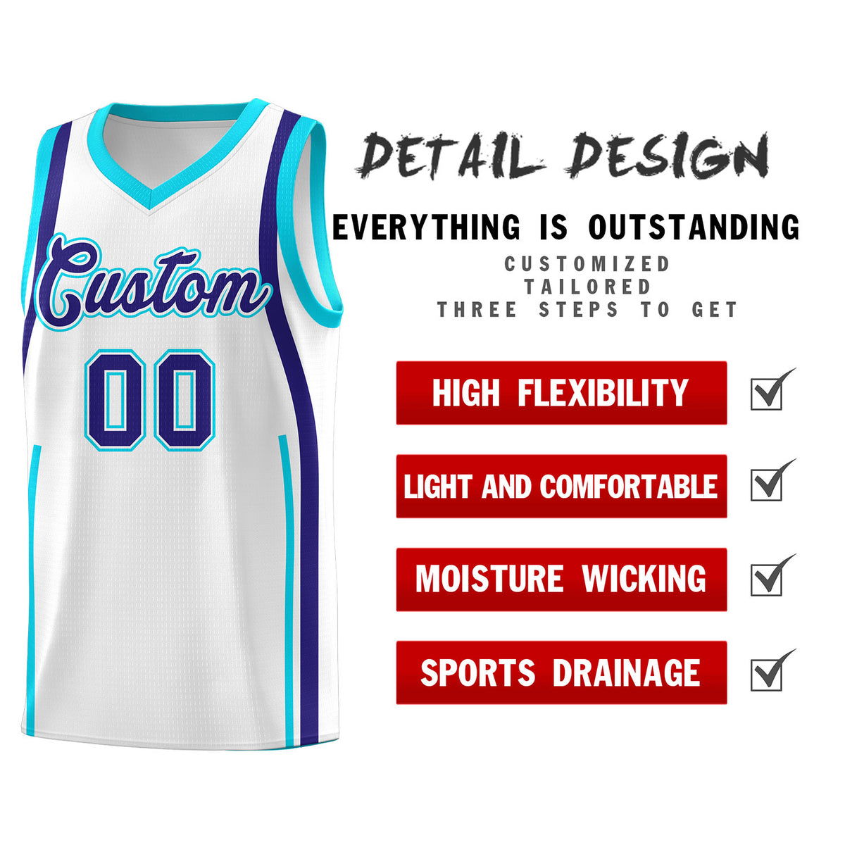 Custom White Sky Blue AND Royal Basketball Jersey