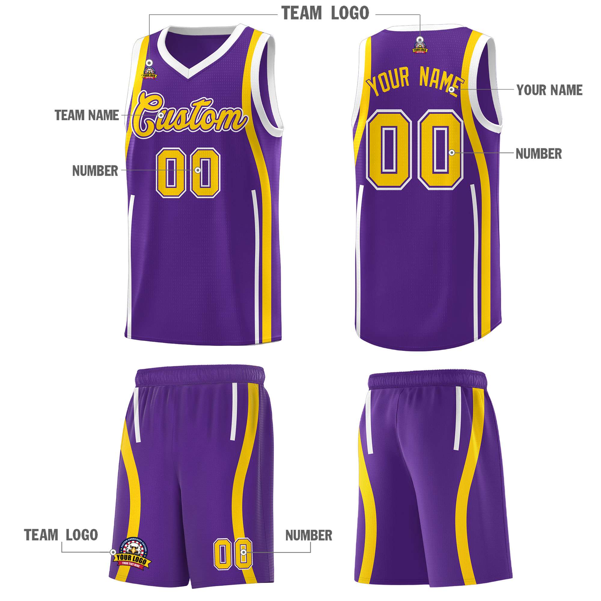 Custom Purple Gold AND White Basketball Jersey