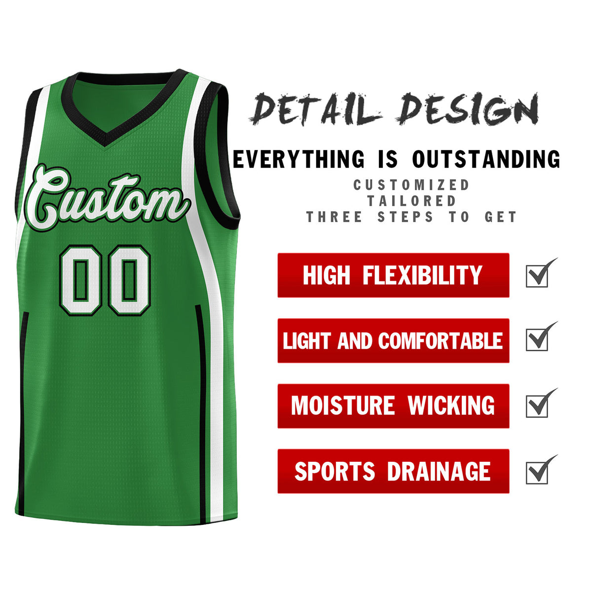 Custom Kelly Green Black AND White Basketball Jersey