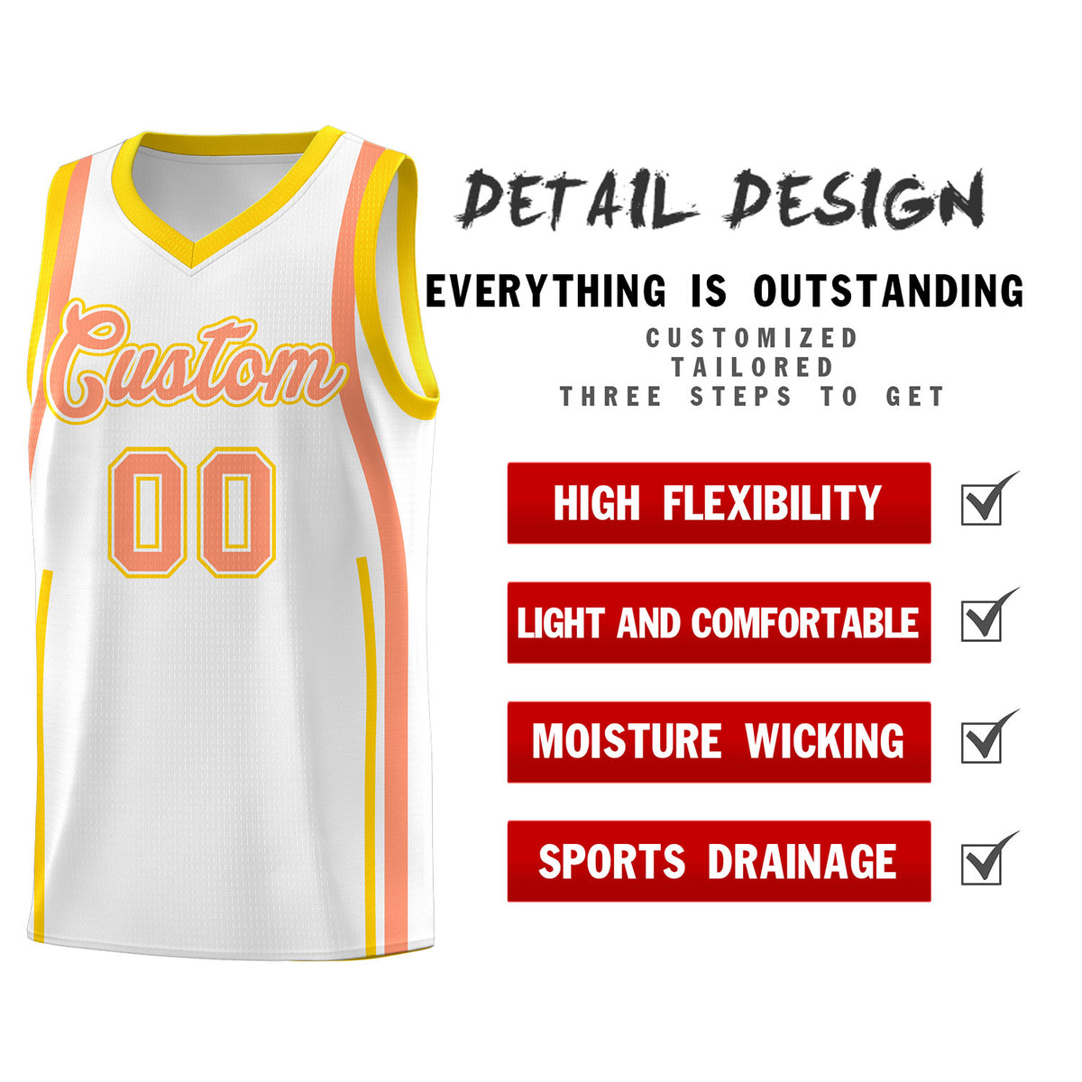 Custom White Light Orange AND Gold Basketball Jersey