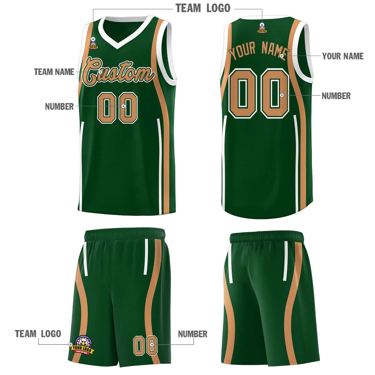 Custom Green Buckskin Brown AND White Basketball Jersey