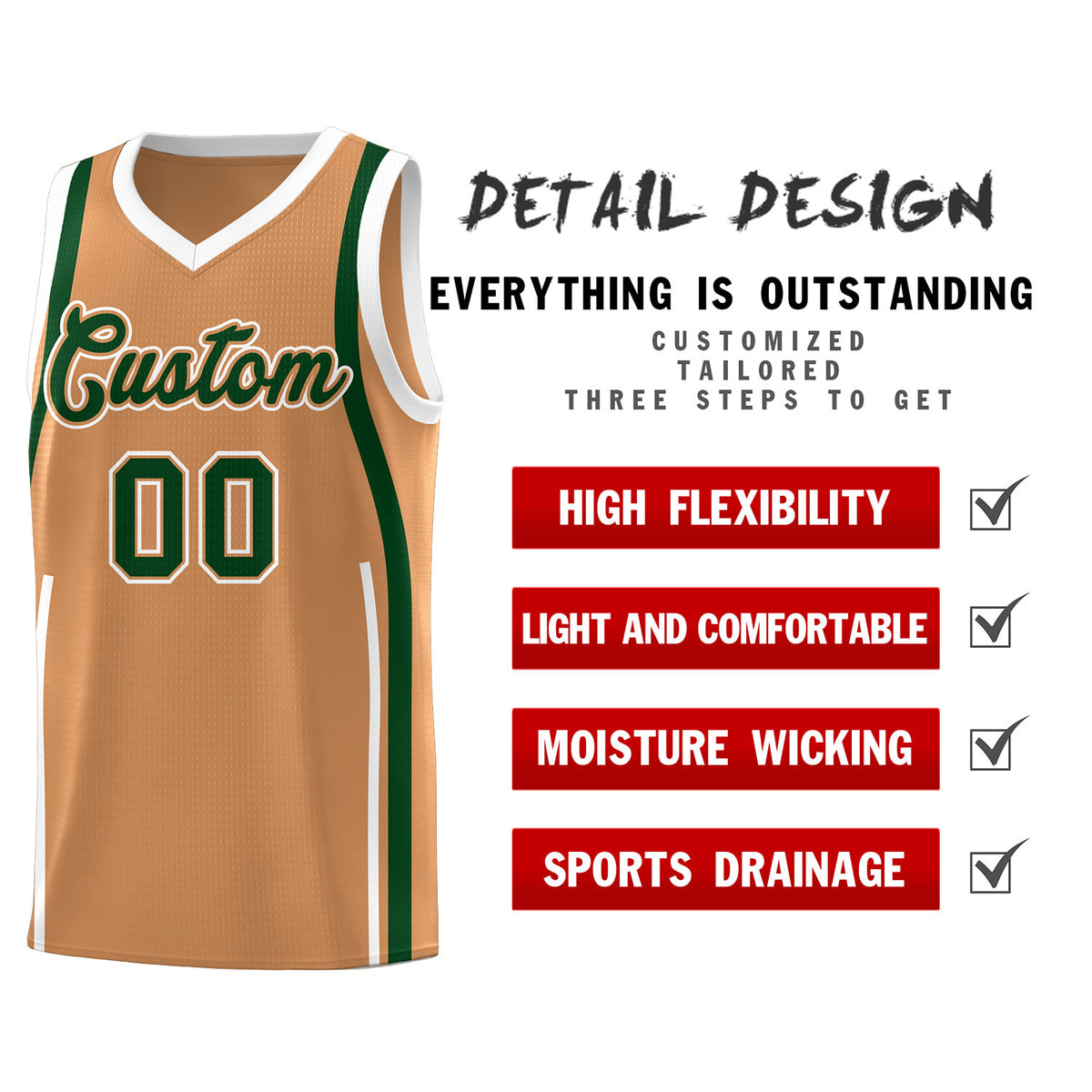Custom Buckskin Brown Green AND White Basketball Jersey