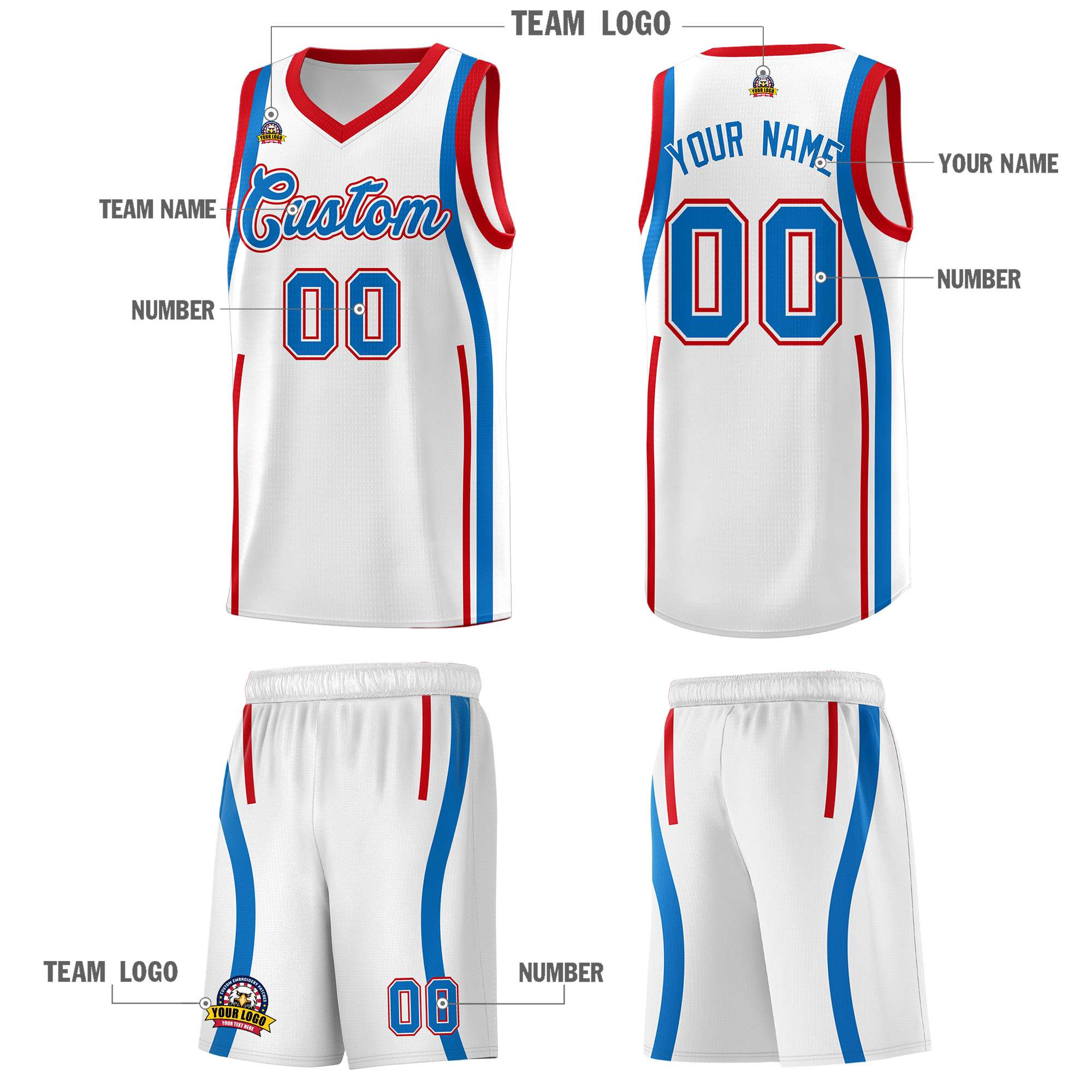 Custom White Royal AND Red Basketball Jersey